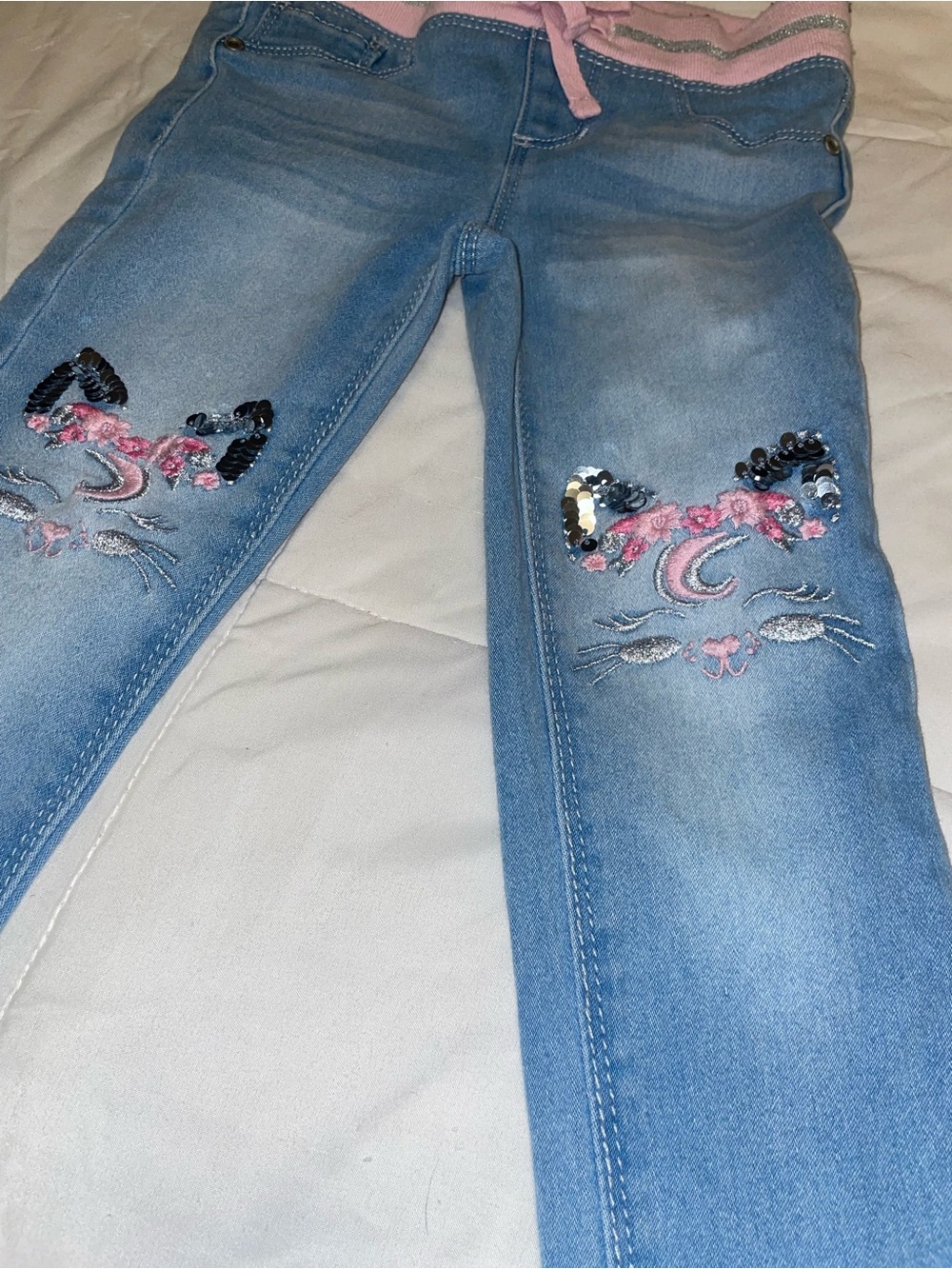 Girls' Light Blue Embroidered Sequin Jeans with Pink Waistband